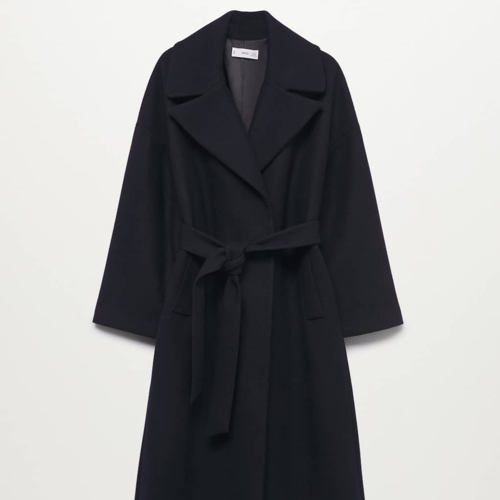 Mango Wide Lapel Wool Blend Coat Navy M NWT